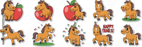 Playful Cartoon Horses Stickers Collection: Animated Equine Characters in Whimsical Poses with Apples, Confetti, and Celebratory Hats for Children's Education, Birthday Party, and Farm Animal Themes,