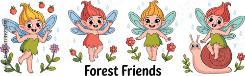 Whimsical Forest Fairy Friends Cartoon Illustration: Playful fairies and cute snail characters in a magical woodland scene spreading joy and enchantment for children's education, fairytale stories, an