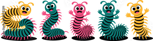 Cheerful Centipedes Collection: Playful Cartoon Insects in Bright Colors on White Backdrop for Children's Education and Entertainment, Promoting Learning, Joy, and Wildlife Appreciation Through Engagi