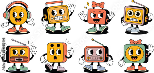 Retro Radio Characters Expressing Emotions, Vintage Audio Receivers in a Cartoon Style, Fun Media Technology Illustration for Branding, Communications, and Nostalgic Marketing Campaigns, Colorful Masc