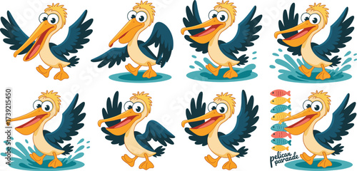 Cartoon Pelican Character Set: Animated Bird Walking, Splashing in Water, Catching Fish, Vector Illustration Design Elements for Children's Education, Mascot, Logo, Fun Avian Creature, Animal Icon, Cu