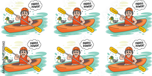 Enthusiastic Kayaker Paddling with Determination on a Calm Lake with a Duck, Expressing Paddle Power! Conceptual Illustration for Outdoor Adventures, Team Spirit, and Water Sports Promotion, in a Chee