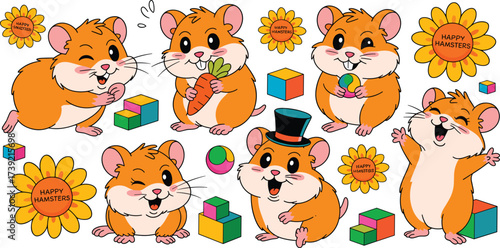 Cheerful Hamster Characters Collection with Fun Activities & Accessories: Adorable Cartoon Rodents Playing, Eating Carrots, Juggling, Celebrating  in Bright Colors for Children's Illustration, Station