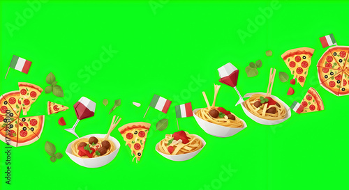 Cartoon Pizza, Pasta, and Sushi with Flags on Green Background