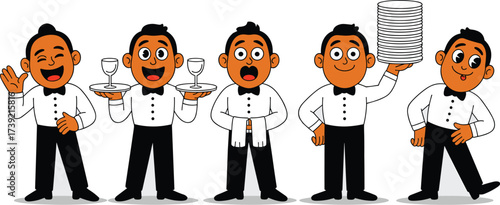 Cheerful Cartoon Waiters Serving Guests in a Busy Restaurant Setting, Offering Drinks and Plates with Friendly Service and Welcoming Gestures, Depicting Hospitality, Catering, and Professionalism in a