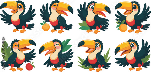 Cartoon Toucan Character Set with Tropical Fruit Illustrations: Animated Birds in Various Poses for Children's Education, Marketing, and Creative Projects – Adorable Animal Clipart for Summer Themes,