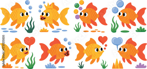 Cheerful Goldfish Characters Set Swimming with Bubbles in Colorful Aquarium: Happy Cartoon Fish Illustration for Children's Book, Aquatic Education, Marine Life Presentation, Underwater World, Pet Sto