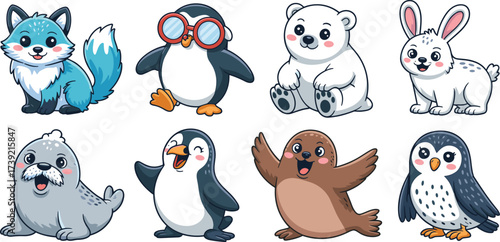 Charming Arctic Animals Cartoon Characters: Playful Fox, Penguin with Glasses, Polar Bear, Bunny, Seal, and More! Cute Antarctic Wildlife for Children's Illustration, Educational Resource,  Holiday De