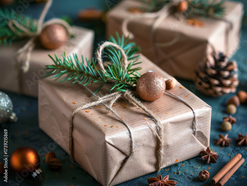 Christmas Rustic gift  boxes wrapped in kraft brown paper and tied with twine are laid out on table surrounded by green fir branches, cones and Christmas glass balls.