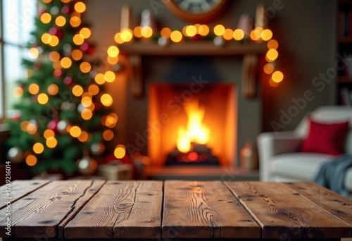 Old wooden table on blurry background of Christmas tree and fireplace. Festive New Year postcard. Copy space.