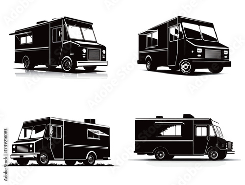 Various food trucks are displayed in black silhouette, each featuring distinct features and designs. They represent a popular trend in outdoor dining.