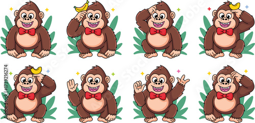 Cartoon Gorillas Posing with Bananas and Gestures in Tropical Foliage Background, Playful Monkey Characters for Children's Illustration, Animated Mascot, Educational Resource, Jungle Adventure, Animal