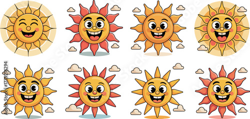 Retro Sun Characters Smiling Brightly with Cartoon Faces, Vintage Style Sunbeams, Positive Energy, Joyful Vibes, Summer Holidays, Fun Illustrations for Kids Education Materials and Cheerful Graphic De