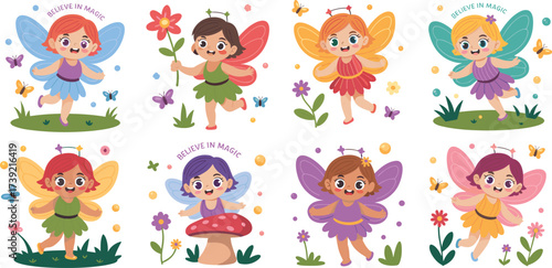 Delightful Fairy Cartoon Characters Flying in Magical Forest, Celebrating Childhood Wonder, Enchanted Fantasy World Illustrations for Children's Books, Magical Realms, Whimsical Creatures, Storytellin