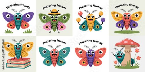 Colorful Moth Characters Collection Engaged in Playful Activities in Cartoon Style, Ideal for Children's Education, Books, Creative Designs, Promoting Friendship, Learning, and Nature Conservation, Br