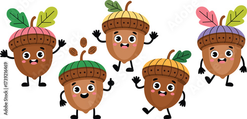 Animated Acorn Characters Group Waving and Posing on White Backdrop for Children's Illustration in Educational Storybooks and Fall Themed Seasonal Decorations, Happy Autumn Mascot Design, Friendly Nat