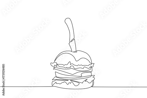 Single continuous line drawing beef burger skewered with knife. Layered meat that makes it even hungrier. Super delicious and filling. National Beef Burger Day. One line design vector illustration