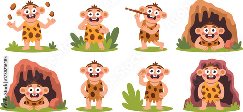 Cartoon Caveman Character Set in Various Poses, Prehistoric Stone Age Lifestyle, Representing Ancient History, Playful Kids Illustration for Education and Entertainment, Isolated Vector Graphic for Bo