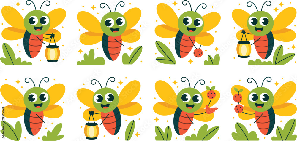 Obraz premium Cute Firefly Character Collection Flying with Lanterns and Berries, Cartoon Insects in Nature Scene for Children's Book Illustration, Educational Graphic, Summer Adventure, Joyful Vector Art, Whimsica