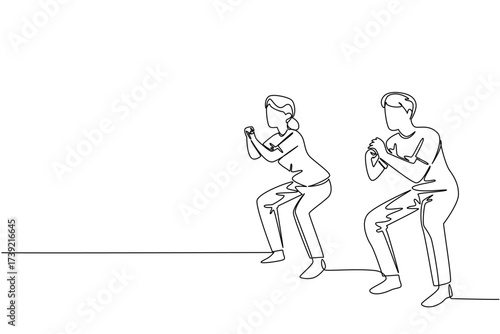 Single one line drawing a pair of grandparents are doing fitness on a fitness mate. Keep the body fit in old age. National Senior Health and Fitness Day. Continuous line design graphic illustration