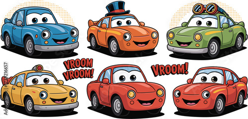 Animated Cartoon Cars Collection Driving with Vroom! Message, Automotive Characters Illustration for Children's Books, Transportation Vehicles, Kids Education, Colorful, Creative Mascot Set, Car Clipa