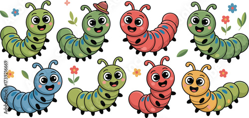 Cartoon Caterpillars Group in Garden Illustration: Smiling Insects Having Fun Outdoors, Springtime Theme for Children's Education, Kids Activities, Nature Projects, Colorful, Playful Design, Cute Bugs