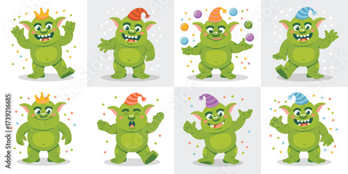 Green Goblin Characters Celebrating and Partying with Joyful Energy, Illustrated in a Fun, Cartoon Style for Children's Entertainment and Festive Occasions, Playful Fantasy Creatures in Education and