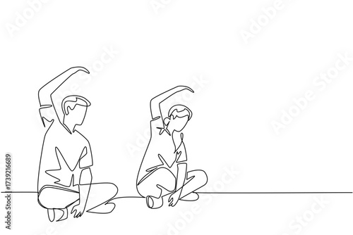 Single continuous line drawing a pair of grandparents are doing fitness on fitness mate. Growing old and healthy together. National Senior Health and Fitness Day. One line design vector illustration