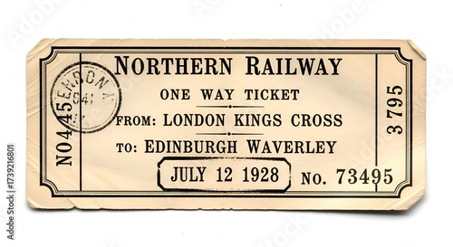 A vintage train ticket, isolated on white background