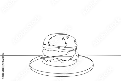 Single one line drawing beef burger on a round wooden cutting board. Delicious food is served. Filling every stomach. Tasty. National Beef Burger Day. Continuous line design graphic illustration