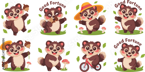 Cute Cartoon Honey Badger Set Delivering Good Fortune in a Playful Forest Environment: Animated Animal Characters for Children's Education, Holiday Greetings, Mascot Design, Graphic Arts, and Whimsica