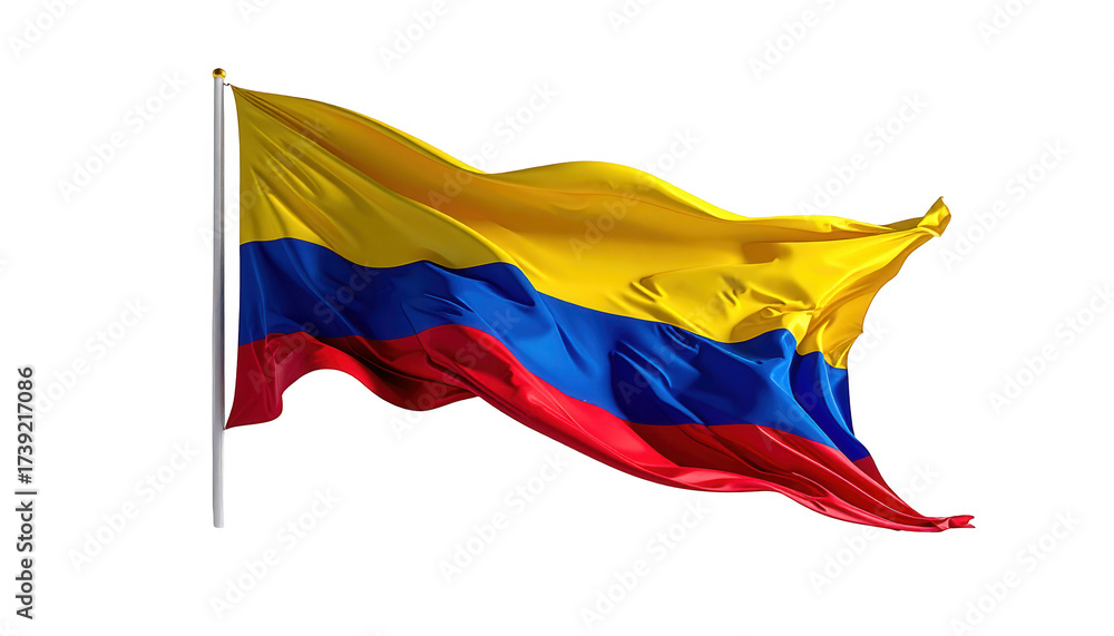 Naklejka premium Vibrant colored flag of yellow, blue and red waves gently in the wind, showcasing its rich tones against a solid black background, creating a beautiful contrast and captivating the viewer's attention.