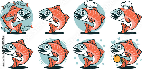 Cartoon Salmon Fish Characters Set - Cooking, School, Gym, Swim - Seafood Restaurant Mascot Illustrations - Cute Kawaii Designs for Branding, Marketing, Advertising, Website, Presentation on White