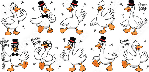 Retro Cartoon Goose Characters Posing in Various Actions on White Background, Perfect for Children's Animation, Mascot Design, or Humorous Marketing, Featuring Whimsical Animals, Cartoon Style, Vintag