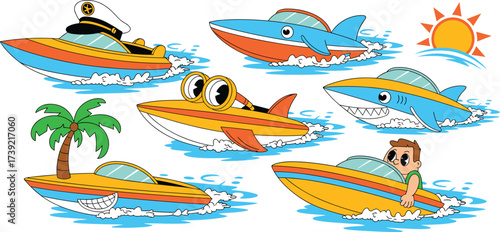 Cartoon Speedboats Cruising on Water Illustration: Fun Aquatic Adventures with Captain, Sharks, and Palm Trees in Vibrant Summer Colors for Children's Books, Nautical Designs, Educational Materials, a