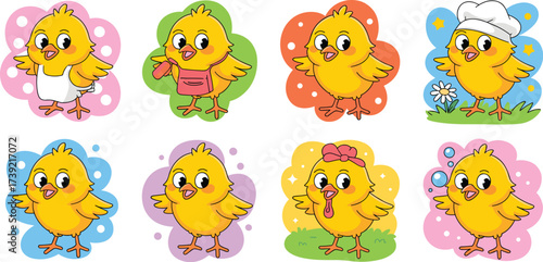 Cute Yellow Chicks Cartoon Illustrations Set: Adorable Baby Birds Depicting Various Professions, Activities, and Emotions on Colorful Backgrounds for Children's Educational Material, Easter Decoration