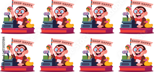 Cheerful Store Clerk at Cash Register Selling Candy with Yellow Duck Mascot, Holding Shop Happy Sign in Retro Comic Style for Retail Business, Marketing, and Advertising, with Flat Colorful Design and