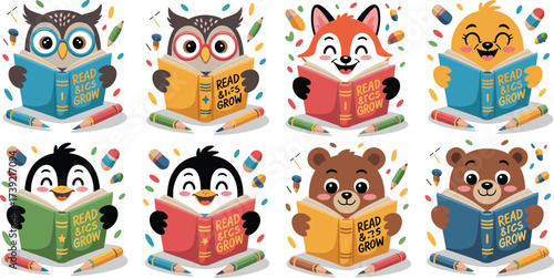 Cute Animals Reading Books Illustration for Education and Children's Literature: Owl, Fox, Chick, Penguin, and Bear Engaging with Learning Materials in a Playful School Environment Cartoon Style for K