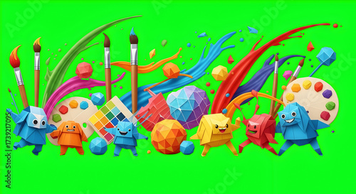 Paintbrushes and Geometric Shapes on Green Background