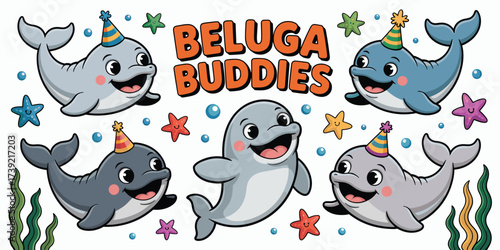 Cute Beluga Buddies Cartoon Illustration Celebrating a Birthday Party Undersea with Smiling Whales and Starfish Friends in a Playful Ocean Environment for Children's Educational Material and Creative