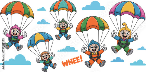Enthusiastic Cartoon Sky Divers Enjoying Thrilling Adventure Amidst Fluffy Clouds, Expressing Joy and Excitement Through Active Parachuting, Ideal for Children's Illustration, Educational Materials, a