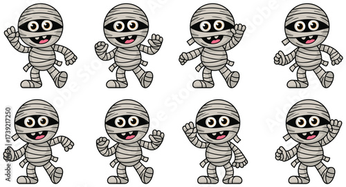 Cartoon Mummy Characters Posing for Halloween Celebration: Spooky Season Fun, Playful Monsters for Children's Illustration, Graphic Design Elements, Costume Party Decorations, Trick-or-Treating, Festi