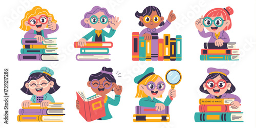 Enthusiastic Diverse Girls Reading Books in Cozy Library Setting, Promoting Education and Literacy, Featuring Cartoon Style Characters with Bright Colors, Ideal for Children's Literature, School Prese