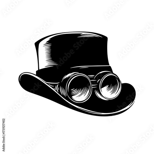 Steampunk top hat silhouette vector – Victorian gentleman cylinder hat with aviator goggles, retro industrial cosplay accessory icon
