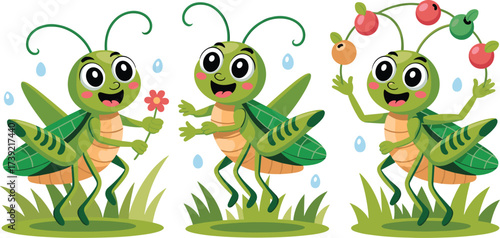 Cheerful Green Cartoon Grasshoppers Playing in a Sunny Meadow, Juggling Berries, Holding Flowers, Adorable Insects in Nature, Perfect for Children's Illustration, Animation, Educational Material, and