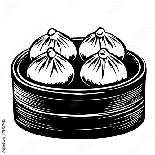 Steamed dumplings silhouette vector – trio of baozi buns in bamboo dim sum basket, traditional Asian street food icon