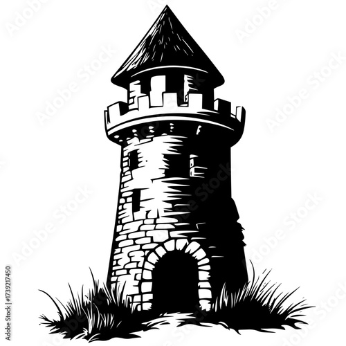 Medieval watchtower silhouette vector – tall stone castle turret with arched doorway and pointed conical roof, fantasy kingdom defense icon