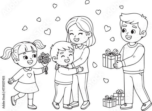 Cartoon kindness scene with people giving gifts and hugs outline illustration for coloring page. World Kindness Day