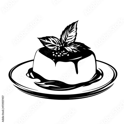Panna cotta dessert silhouette vector – creamy Italian pudding with berry coulis and mint leaf garnish, gourmet sweet food icon