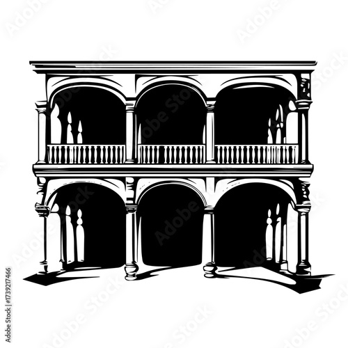 Colonial veranda building silhouette vector – two‑storey mansion with arched colonnade and balustrade balconies, historic architecture icon